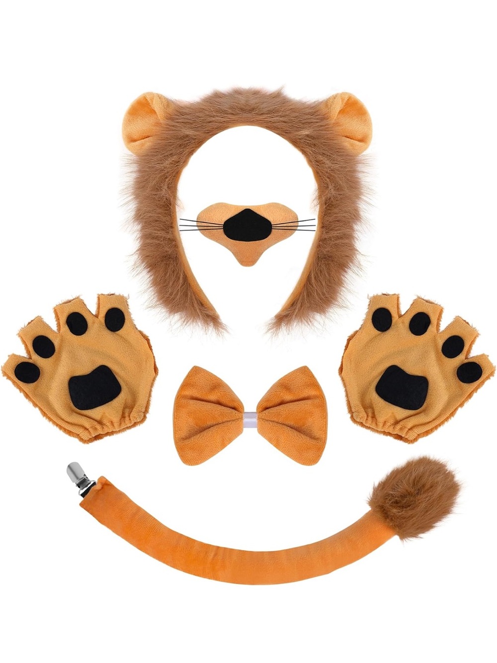 Kids Orange Lion Costume Accessory Set - Headband, Paws, Tail & Bow